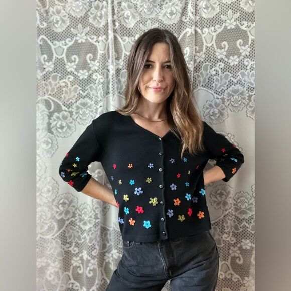 Vintage 80s CLIO Petites Black Silk Colorful Floral Embroidered Cardigan Sweater - Picture 7 of 14